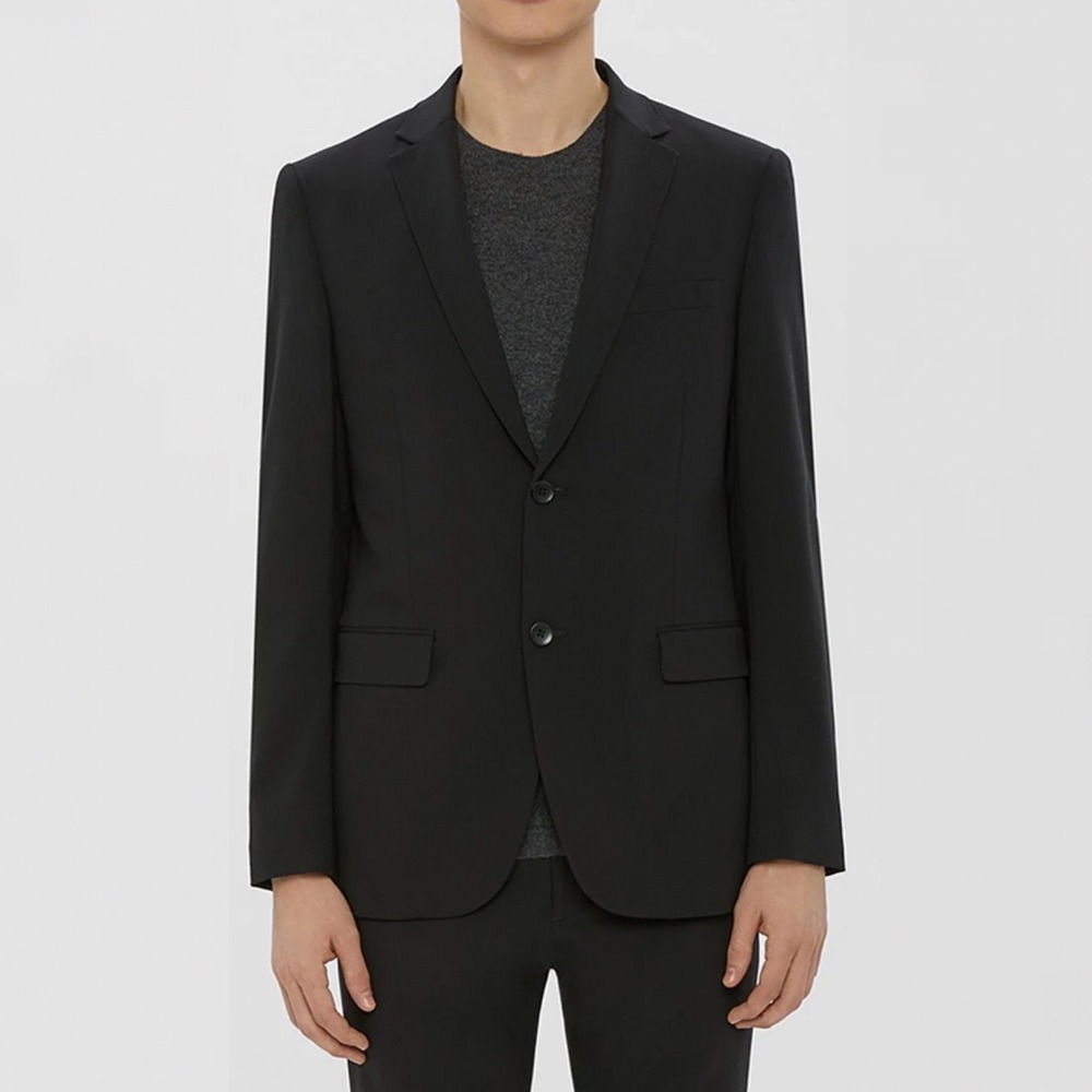 Theory Black Blazer Suit Jacket Mens Size 46 Long Virgin Wool Slim Fit Suit Coat